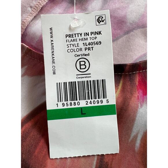 KAREN KANE TOP WOMENS SIZE LARGE TROPICAL PRINT FLARE HEM BLOUSE PINK NEW - Picture 10 of 13